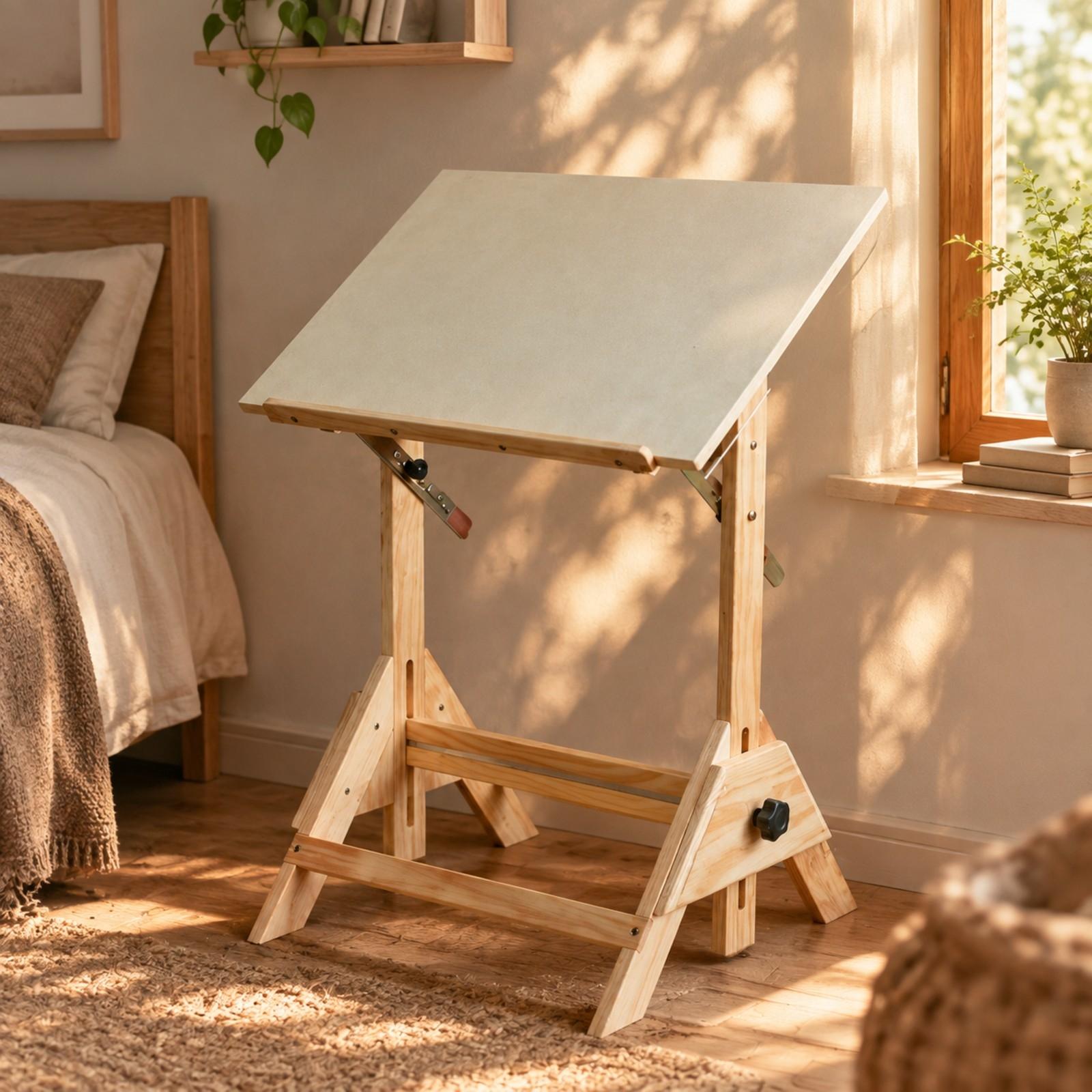 Woodworking Table - 高さ調節可能なアートデスク。傾斜した天板と、作品をしっかりと固定できる縁が付いた、木製のクリエイティブワークテーブル。