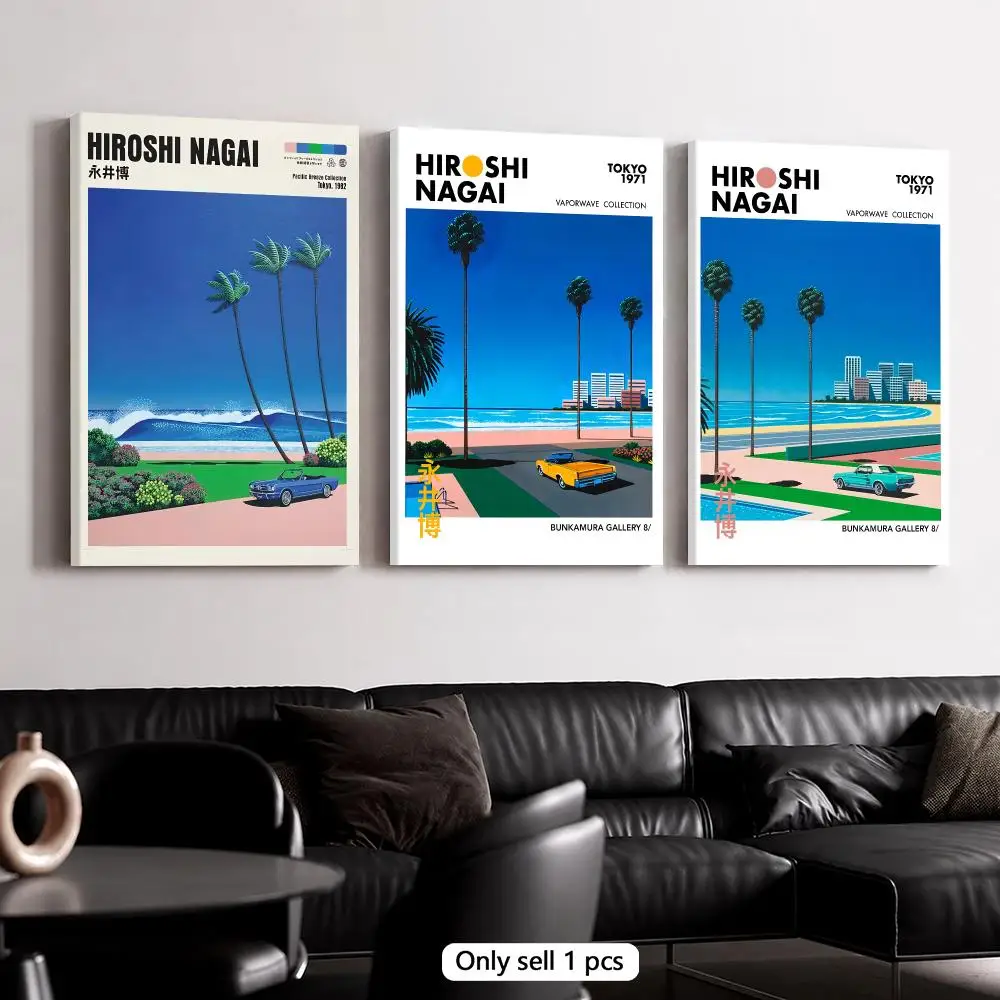 Woodworking Room - H-Hiroshi Nagai 海岸都市の風景 フレーム付き壁画 フレーム付きキャンバスウォールアートポスター 無垢材フレーム