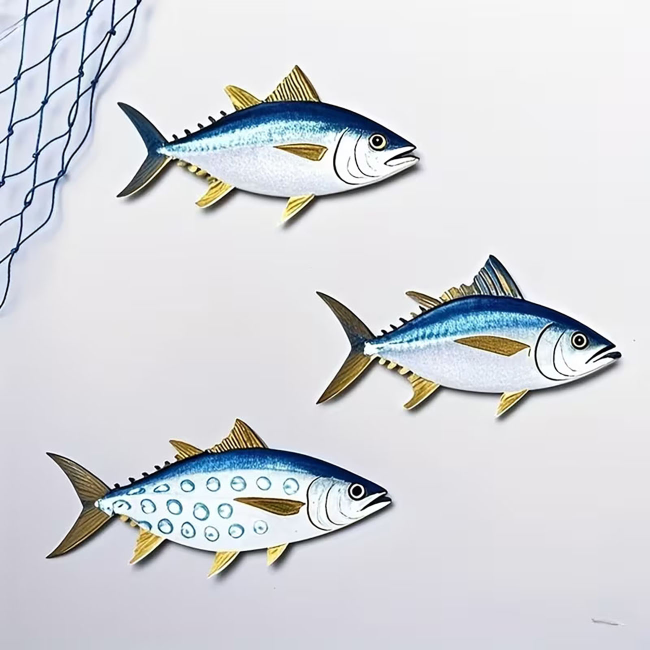 Woodworking Room - 木製マグロの壁飾り3点セット 2Dフラットプリント ブルーゴールド マリンウォールアート 海風スタイルの家の壁装飾用