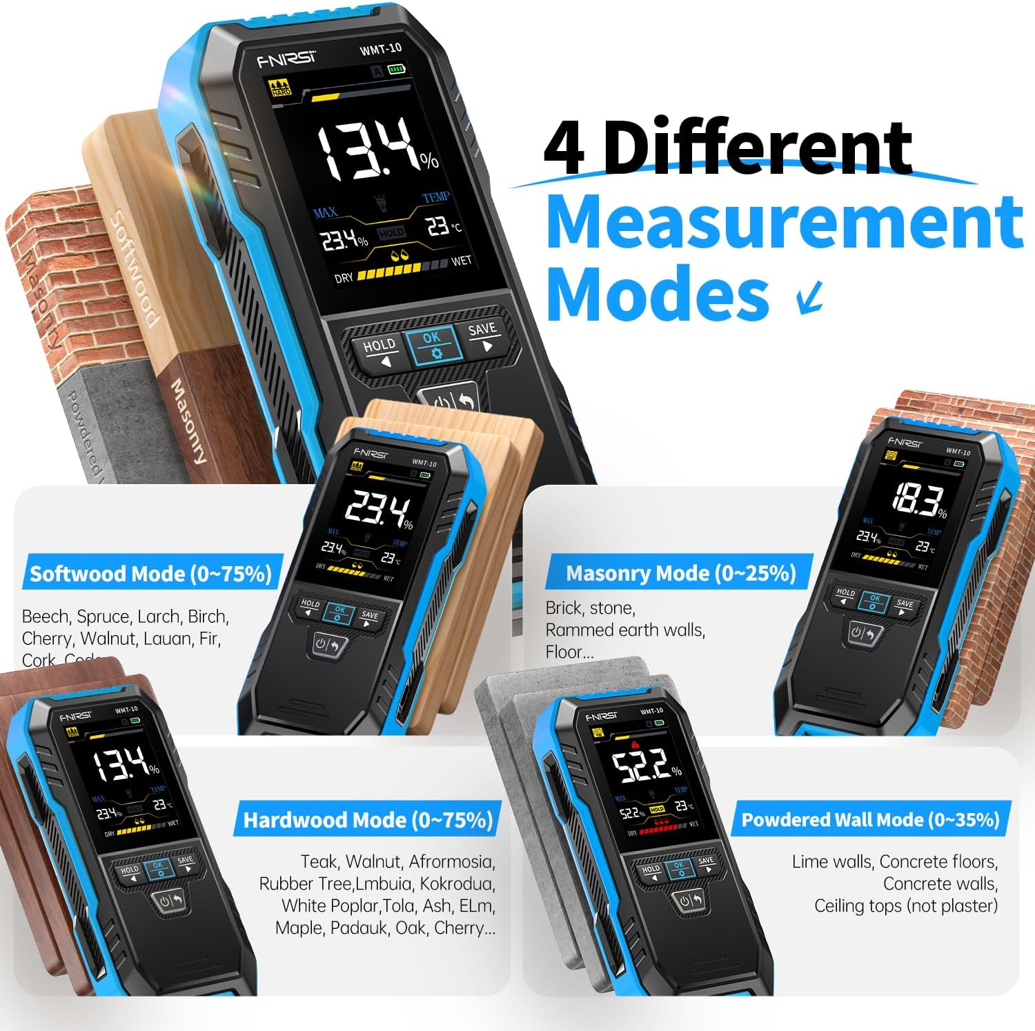 FNIRSI WMT-10 ピンレス木材水分計、充電式壁/木 - Lumber Woodworking のレビューと価格